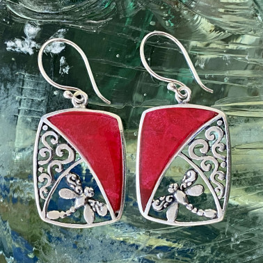 ER 14894 CR-Handmade Unique 925 Bali Silver Filigree Earrings with Coral